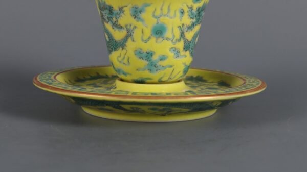 Qing Dynasty Qianlong Period Yellow Ground Green Color Double Dragon Holding Longevity Cup - Image 6