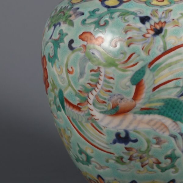 Qing Dynasty Qianlong Period Turquoise Green Doucai Dragon and Phoenix Covered Jar - Image 3