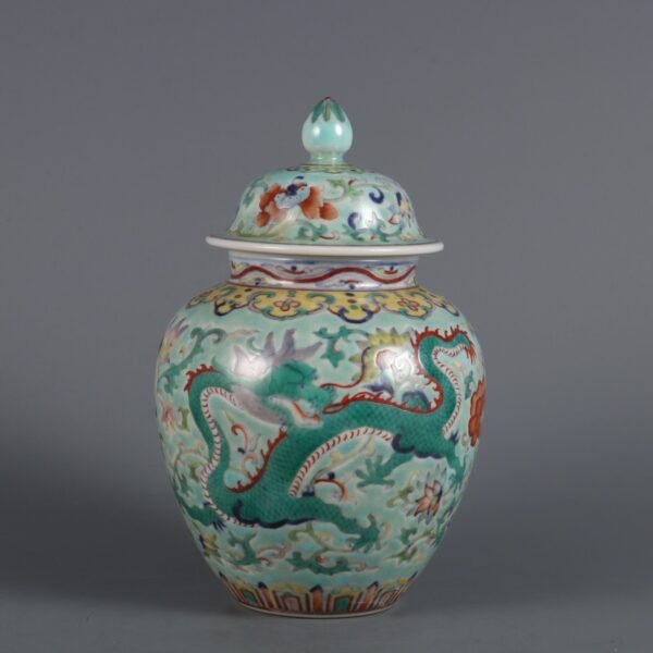 Qing Dynasty Qianlong Period Turquoise Green Doucai Dragon and Phoenix Covered Jar - Image 2