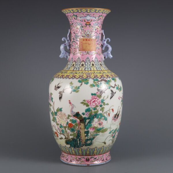 Qing Dynasty Qianlong period pink enamel five ethics double handle appreciation vase