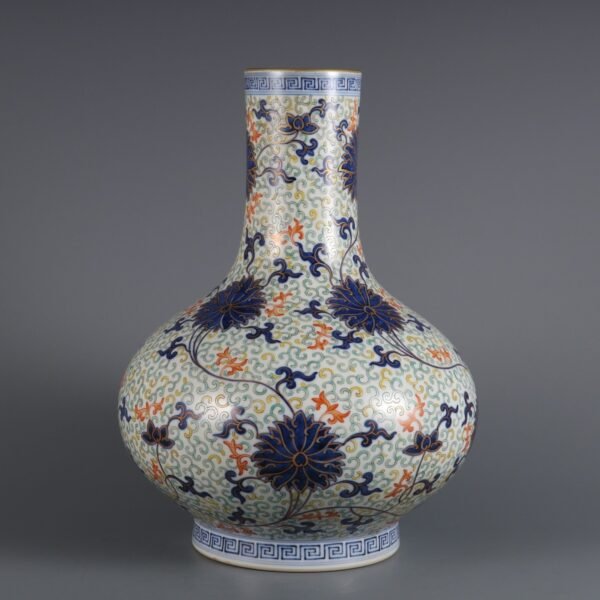 Qing Daoguang Period Blue and White Painted and Gold-painted Lotus Patterned Mustard Vase - Image 2