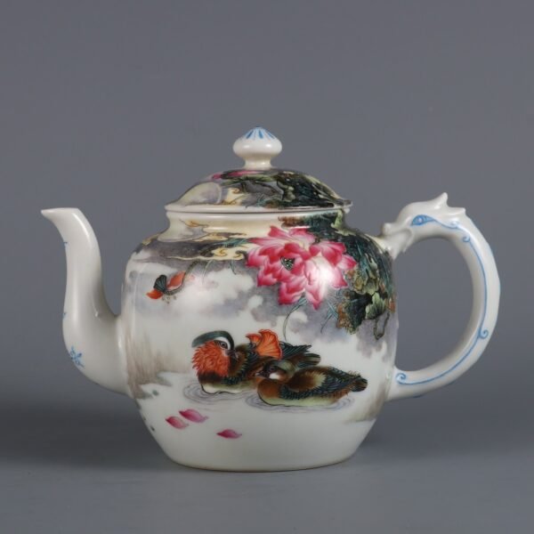 Qing Dynasty Qianlong period powder enamel mandarin duck poem teapot