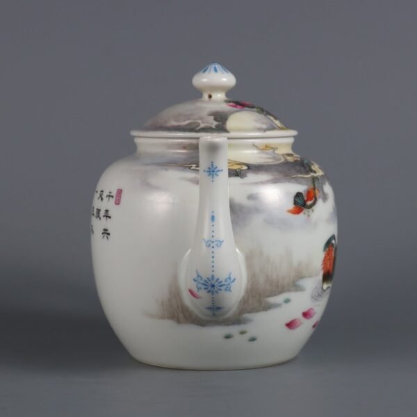 Qing Dynasty Qianlong period powder enamel mandarin duck poem teapot - Image 6
