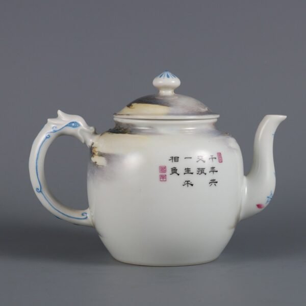 Qing Dynasty Qianlong period powder enamel mandarin duck poem teapot - Image 7