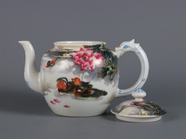 Qing Dynasty Qianlong period powder enamel mandarin duck poem teapot - Image 2