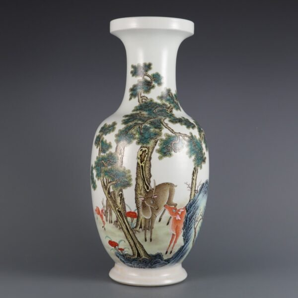 Qing Dynasty Qianlong period pink enamel crane and deer spring plate mouth vase