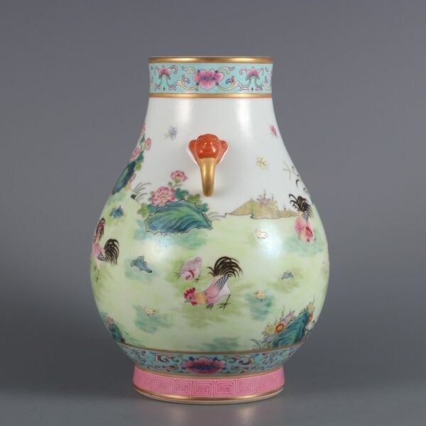 Qing Dynasty Qianlong period pastel family happy picture double dragon ears blessing same vase - Image 2