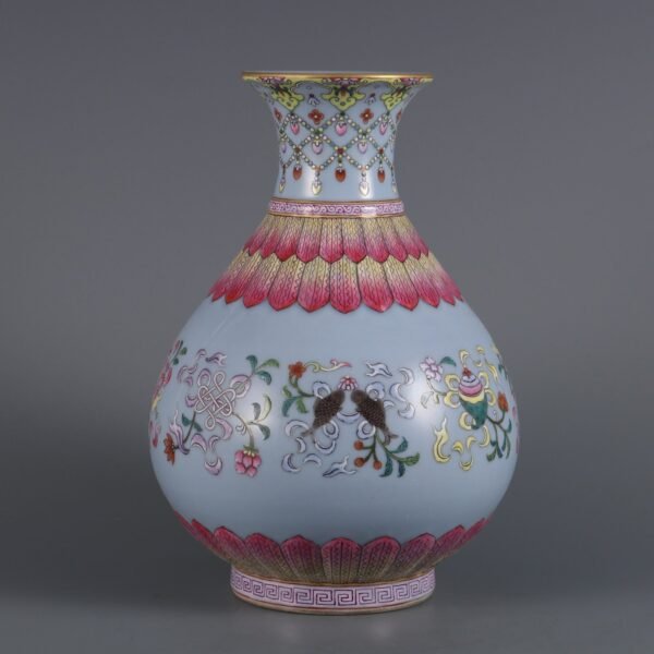 Qing Dynasty Qianlong period sky blue glaze with pink enamel eight treasures pattern