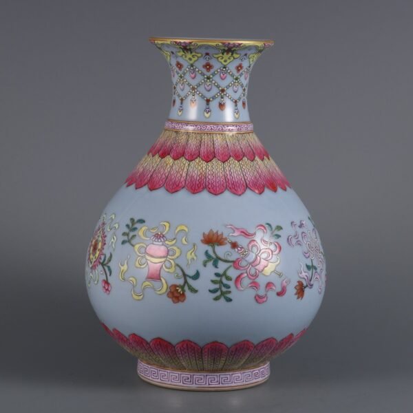 Qing Dynasty Qianlong period sky blue glaze with pink enamel eight treasures pattern - Image 5
