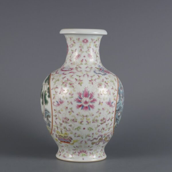 Qing Dynasty Qianlong period pink enamel lotus openwork figure pattern vase - Image 5