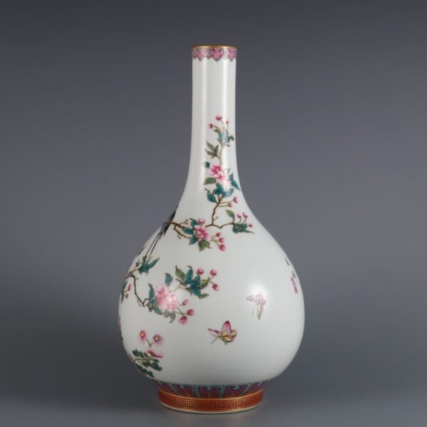 Qing Dynasty Qianlong period pastel flower and bird pattern poem gallbladder vase - Image 5