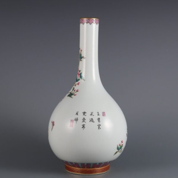 Qing Dynasty Qianlong period pastel flower and bird pattern poem gallbladder vase - Image 7