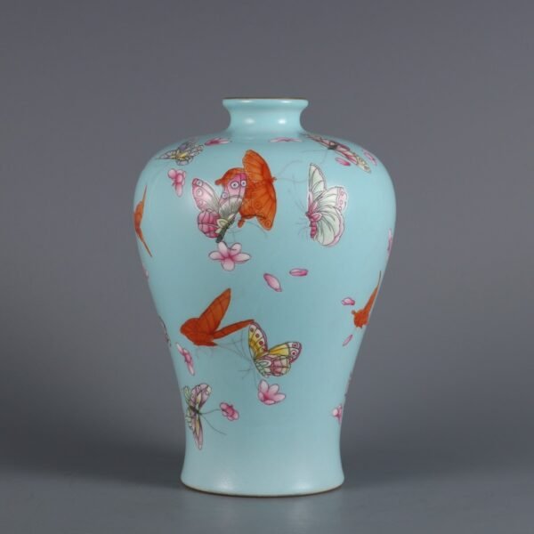 Qing Yongzheng Period Turquoise Green Ground Pink Butterfly Love Flower Plum Vase