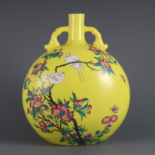 Qing Dynasty Yongzheng Period Lemon Yellow Ground Famille Rose Flower and Bird Pattern Moon Vase - Image 2