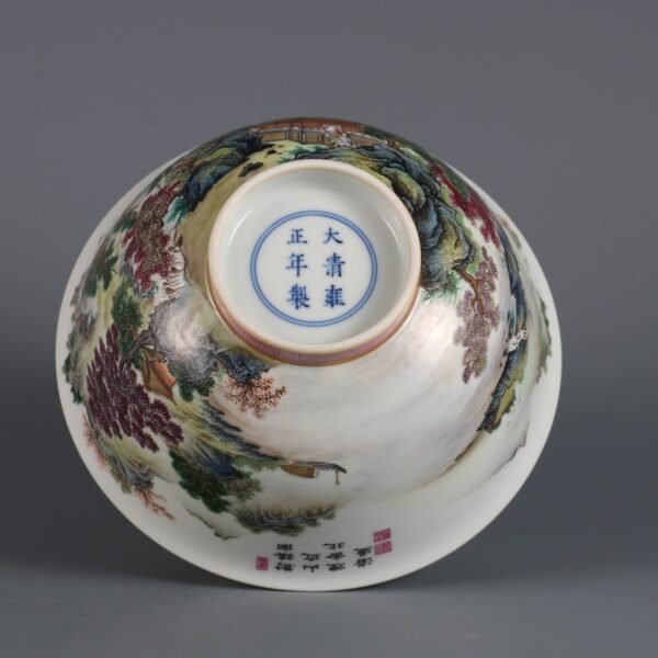 Qing Dynasty Yongzheng Period Famille Rose Landscape Pavilion Poetry Palace Bowl - Image 8