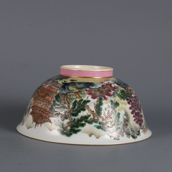 Qing Dynasty Yongzheng Period Famille Rose Landscape Pavilion Poetry Palace Bowl - Image 4