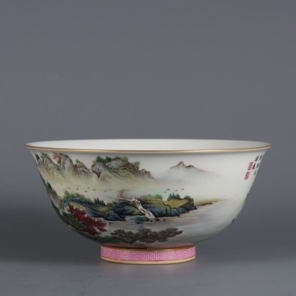 Qing Dynasty Yongzheng Period Famille Rose Landscape Pavilion Poetry Palace Bowl - Image 2