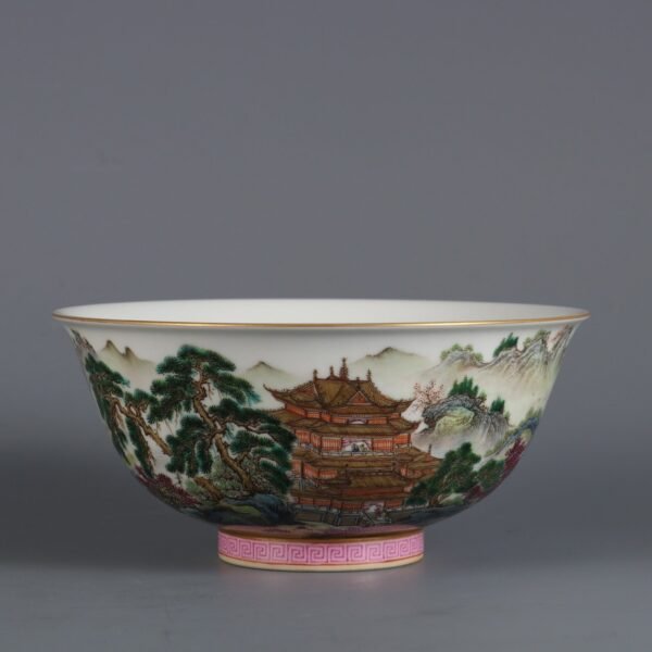 Qing Dynasty Yongzheng Period Famille Rose Landscape Pavilion Poetry Palace Bowl