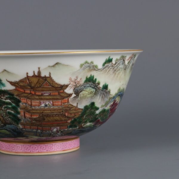Qing Dynasty Yongzheng Period Famille Rose Landscape Pavilion Poetry Palace Bowl - Image 6