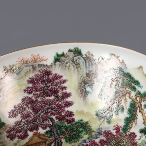 Qing Dynasty Yongzheng Period Famille Rose Landscape Pavilion Poetry Palace Bowl - Image 7