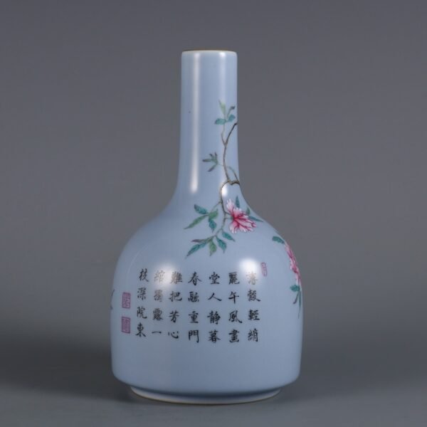 Qing Dynasty Qianlong period Tianqing glaze and powder peony poem bell vase - Image 3