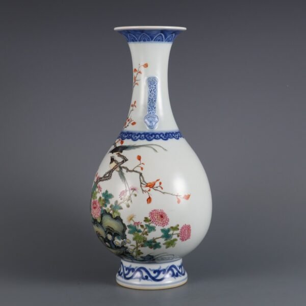 blue and white with pink and white flower and bird pattern Ruyi ear appreciation vase - Image 2