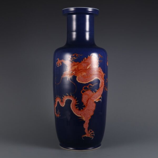 Qing Kangxi Period Blue Glaze with Alum Red Cloud Dragon Pattern Stick Bottle