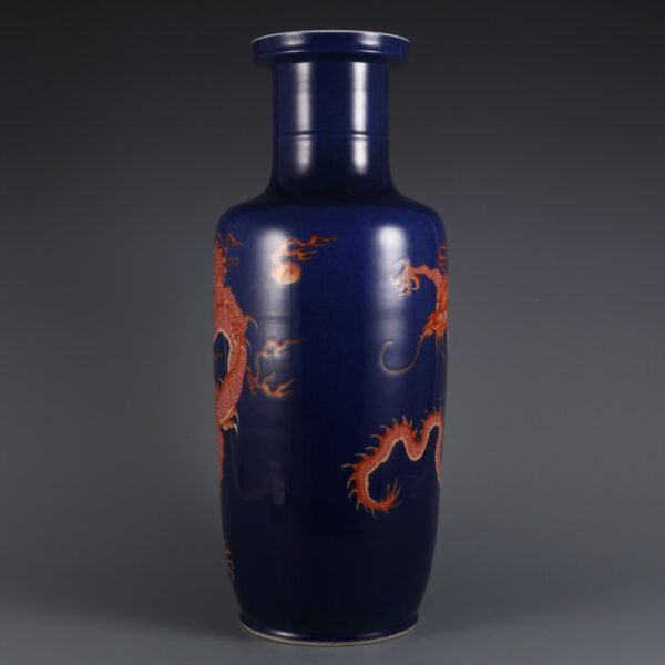 Qing Kangxi Period Blue Glaze with Alum Red Cloud Dragon Pattern Stick Bottle - Image 2