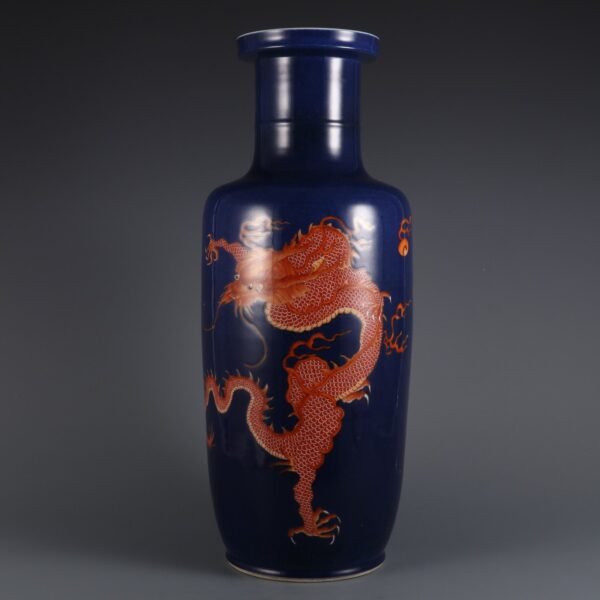 Qing Kangxi Period Blue Glaze with Alum Red Cloud Dragon Pattern Stick Bottle - Image 4