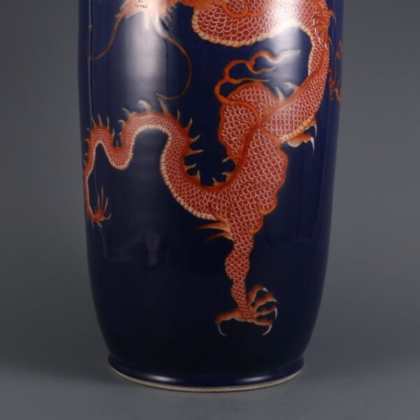 Qing Kangxi Period Blue Glaze with Alum Red Cloud Dragon Pattern Stick Bottle - Image 5