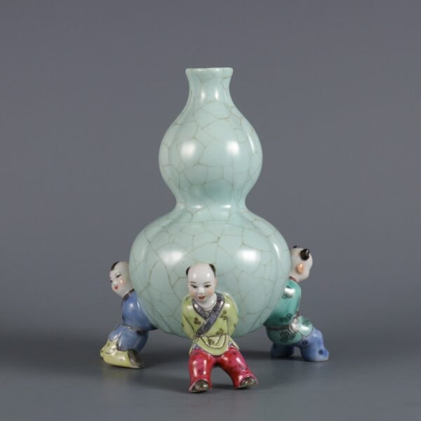 Qing Yongzheng Period Brother Glaze Modeling and Colored Boy Bringing Blessings Gourd Bottle