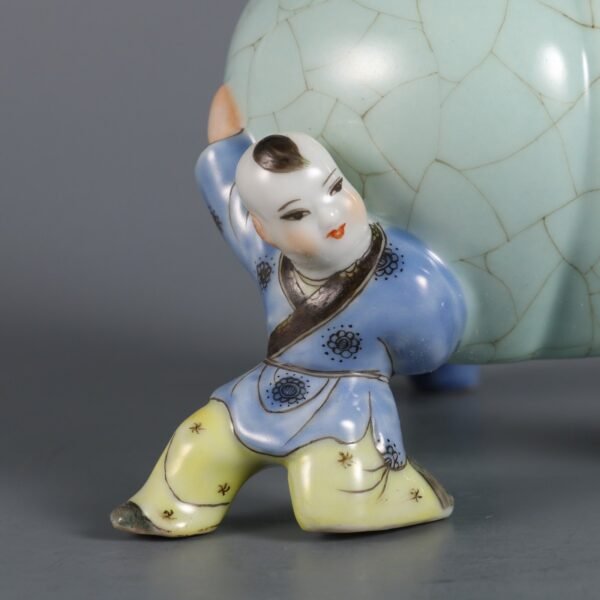 Qing Yongzheng Period Brother Glaze Modeling and Colored Boy Bringing Blessings Gourd Bottle - Image 6