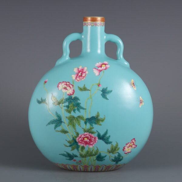 Qing Dynasty Qianlong period turquoise green ground pastel flower pattern double handle moon vase - Image 2
