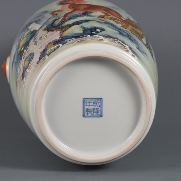 Qing Dynasty Qianlong period enameled Qilin pattern poem animal ear vase - Image 9