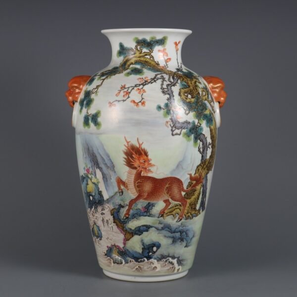 Qing Dynasty Qianlong period enameled Qilin pattern poem animal ear vase