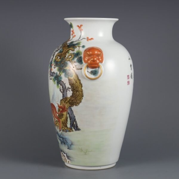 Qing Dynasty Qianlong period enameled Qilin pattern poem animal ear vase - Image 3