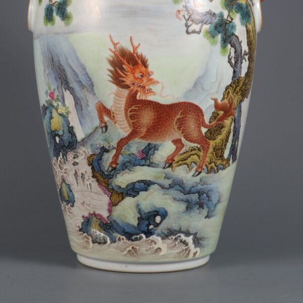 Qing Dynasty Qianlong period enameled Qilin pattern poem animal ear vase - Image 4