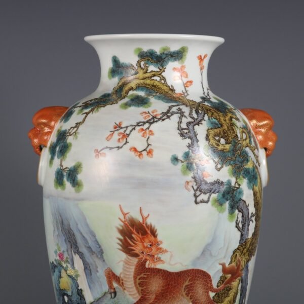 Qing Dynasty Qianlong period enameled Qilin pattern poem animal ear vase - Image 5