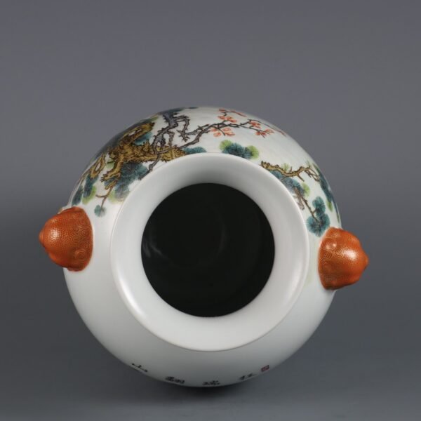 Qing Dynasty Qianlong period enameled Qilin pattern poem animal ear vase - Image 7