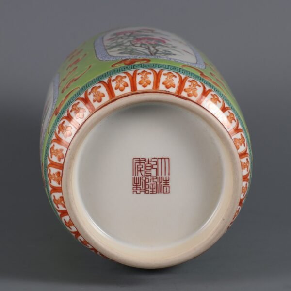 Qing Dynasty Qianlong Period Green Ground Openwork Pastel Four Seasons Flower Vase - Image 8