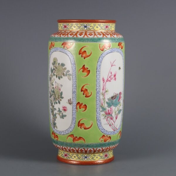 Qing Dynasty Qianlong Period Green Ground Openwork Pastel Four Seasons Flower Vase - Image 5