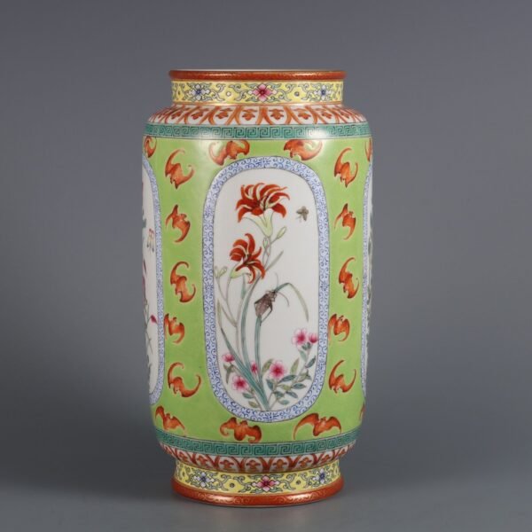 Qing Dynasty Qianlong Period Green Ground Openwork Pastel Four Seasons Flower Vase