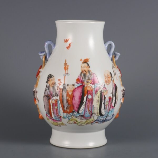Qing Dynasty Qianlong period pink enamel Fu Lu Shou Ruyi ear vase
