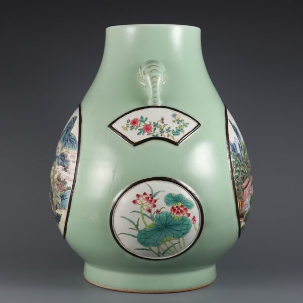 glaze window powder colored landscape pavilion flower pattern elephant ear vase - Image 3