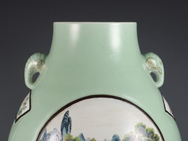 glaze window powder colored landscape pavilion flower pattern elephant ear vase - Image 5
