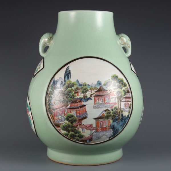glaze window powder colored landscape pavilion flower pattern elephant ear vase - Image 2