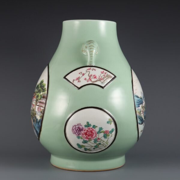 glaze window powder colored landscape pavilion flower pattern elephant ear vase - Image 6