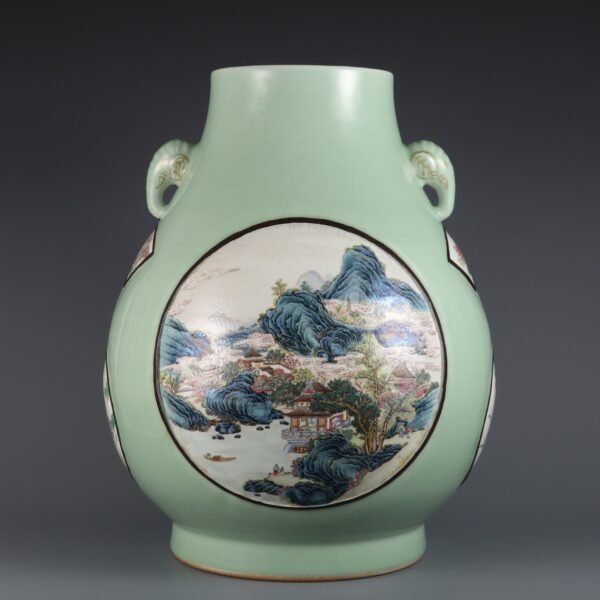 glaze window powder colored landscape pavilion flower pattern elephant ear vase