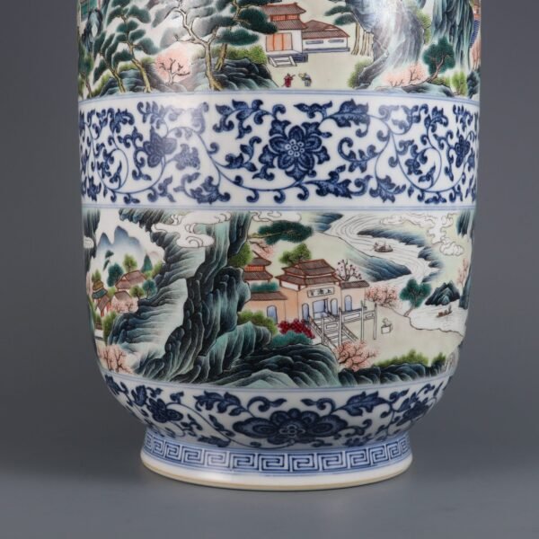 Qing Dynasty Qianlong period blue and white with pink enamel landscape figure story tube vase - Image 4