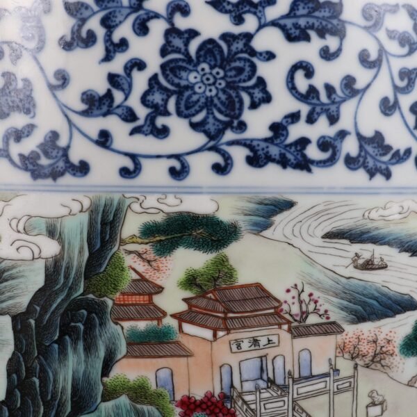 Qing Dynasty Qianlong period blue and white with pink enamel landscape figure story tube vase - Image 5